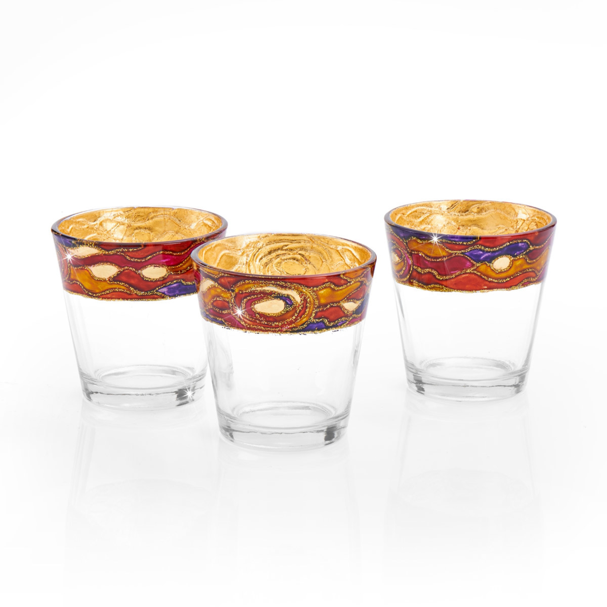 Teelichtset, 3 teilig Aqua rot Handbemalt