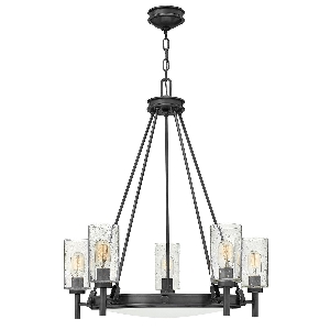 Collier 5 lt Kronleuchter mit klarem gesäumtem Glas an den Armen und cremefarbenem Glas in der Mitte - Black Oxide von Elstead