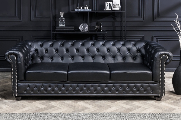 Sofa CHESTERFIELD 3-Sitzer aus Kunstleder in Antik-Optik schwarz der Firma Casa Élite