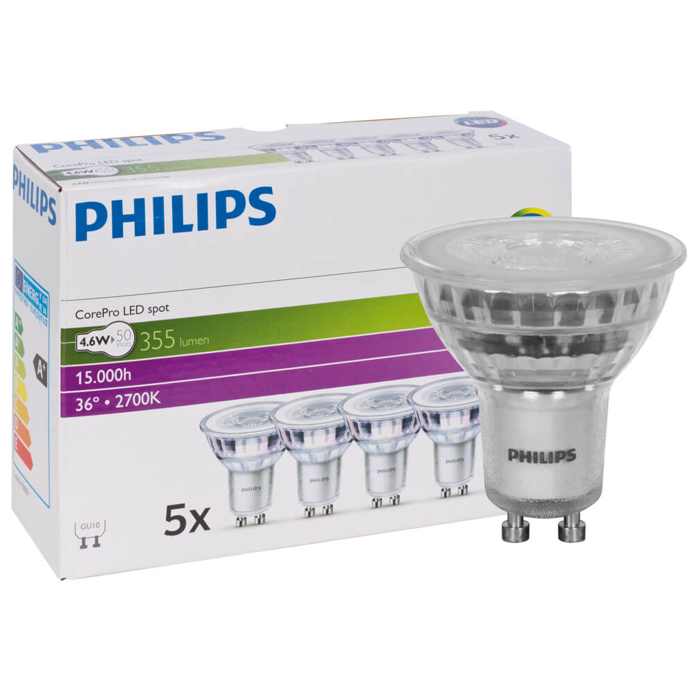 UNI-Elektro5er Set Philips CorePro LEDspot MV GU10 4.6W 827 36D | Extra Warmweiß - Ersetzt 50W